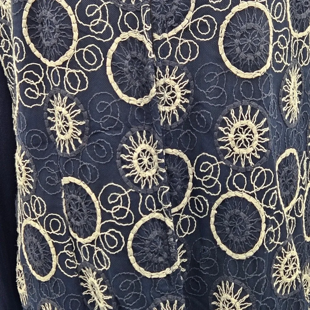 Navy Blue Embroidered Mesh Front Hook‎ and Eye Cardigan Long Sleeve V-Neck